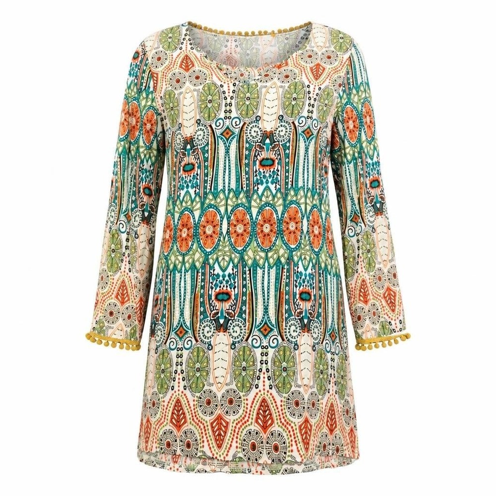 Boho Aztec Tunic Dress Womens S Long Sleeve Pom Pom Trim Geometric Festival